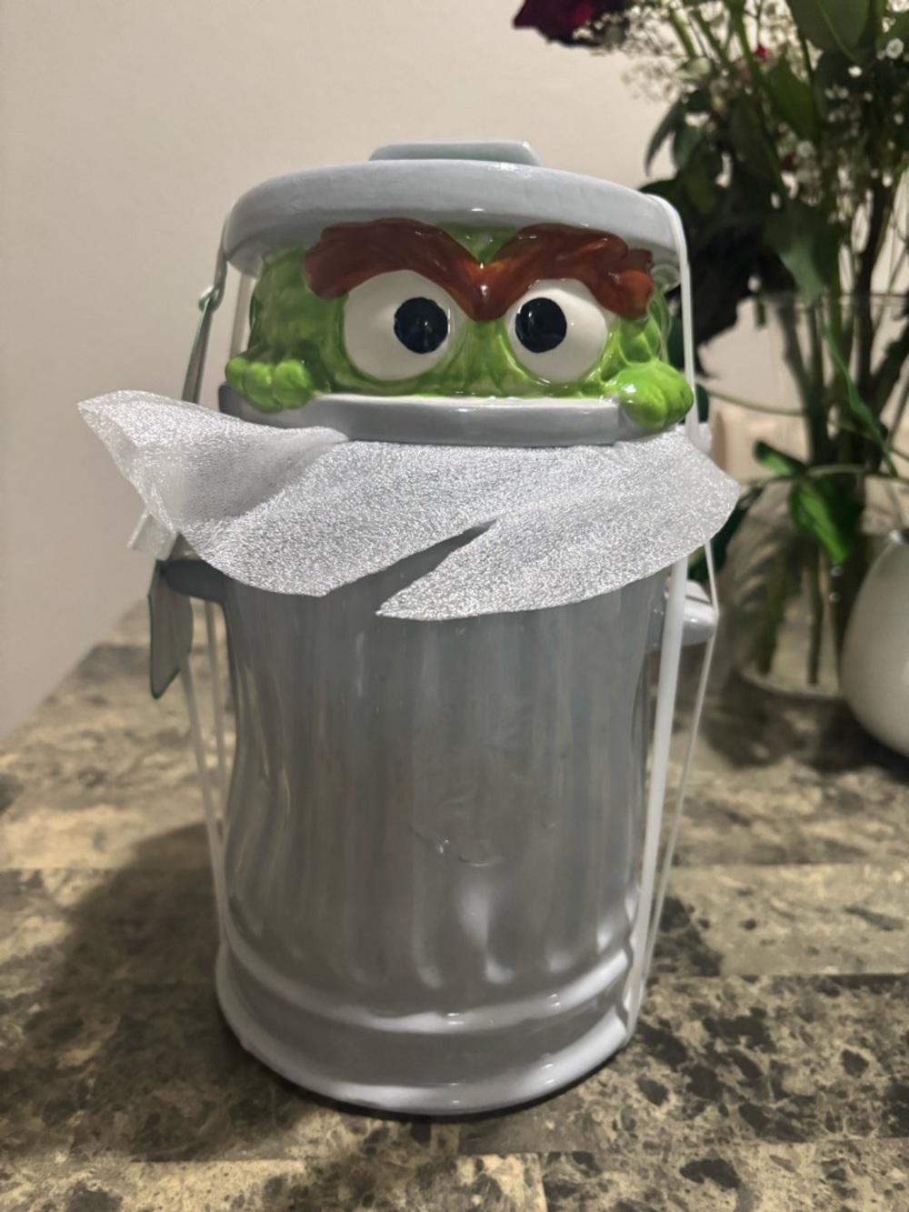 Sesame Street Oscar the Grouch Silver Trash Can Figurine with Green Face